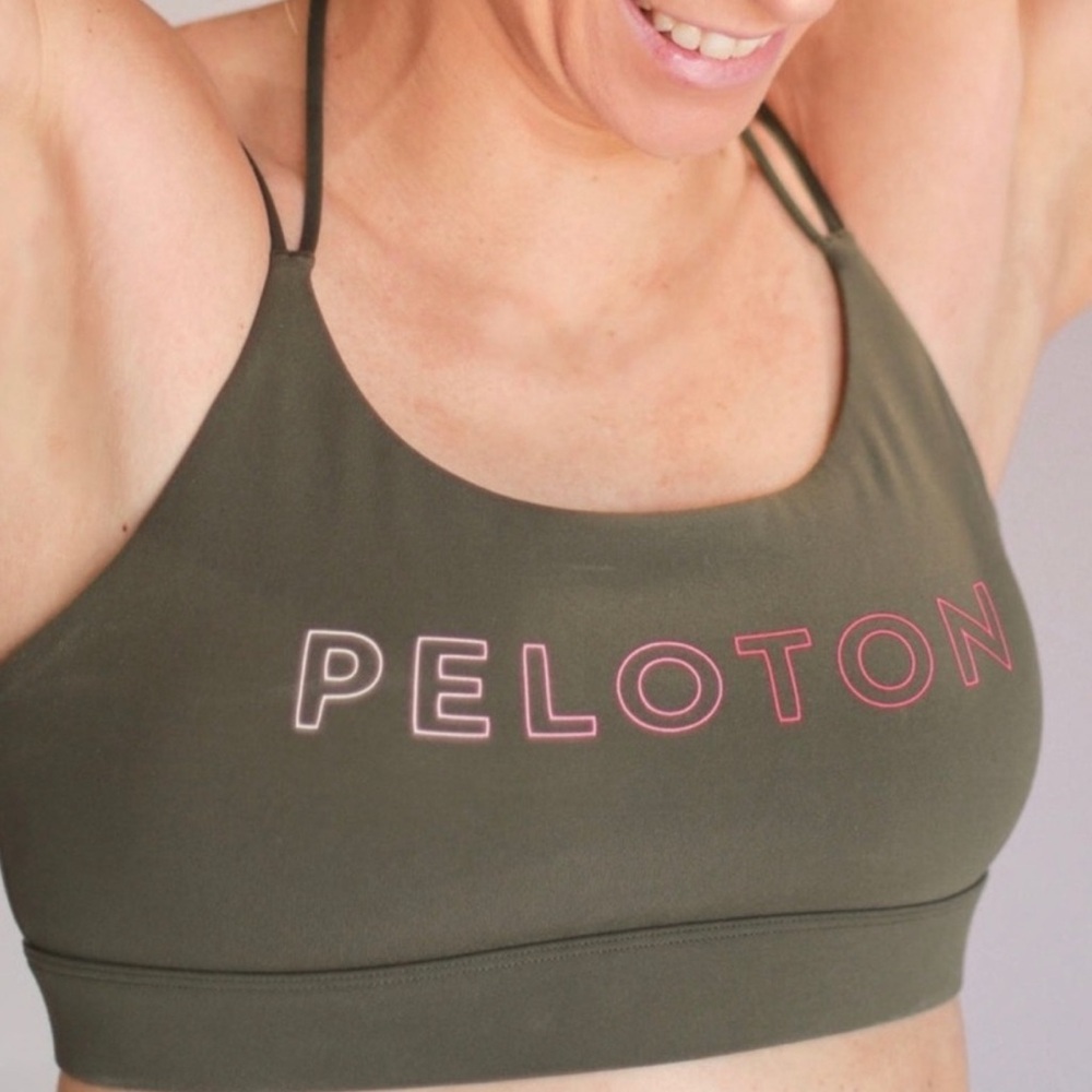 Peloton Sports Bra Women's Size 2X Olive Green Pink Lettering